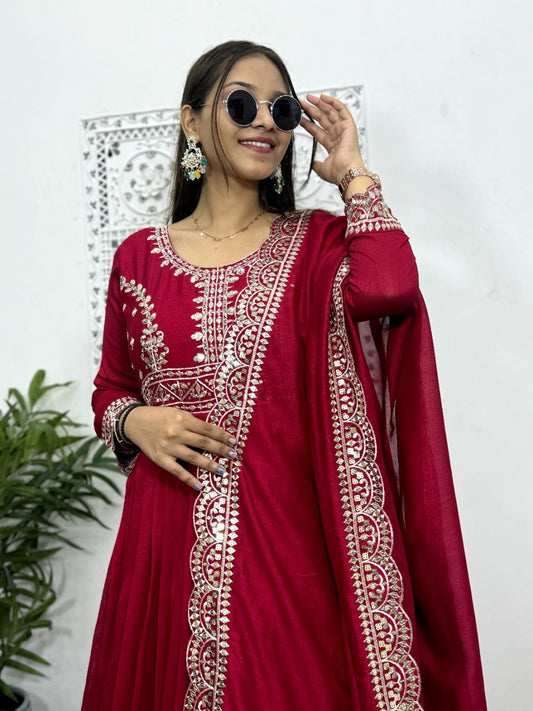 Heavy Blooming Vichitra Silk And Sleeve With Work Gown Work