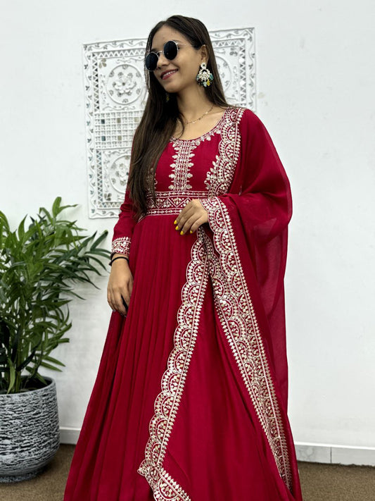 Heavy Blooming Vichitra Silk And Sleeve With Work Gown Work