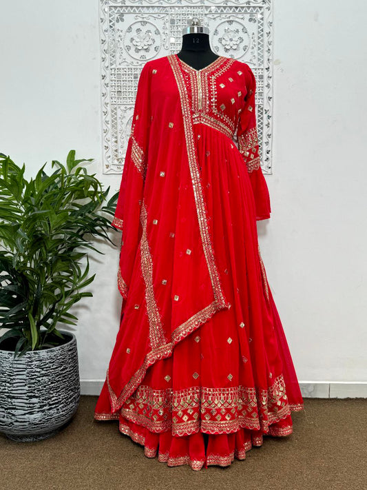 Heavy Blooming Vichitra Silk And Sleeve With Work Gown