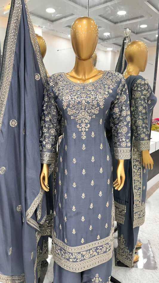 Pure Chinnon Silk With Heavy Embroidery Sequence Work And Full Sleeve Kurti