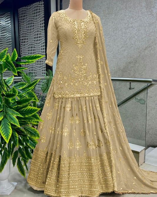 Pure Heavy Chinnon Silk With Heavy 5mm Embroidery Sequence Work&nbsp; With&nbsp; Sleeves Top And Bottom Set
