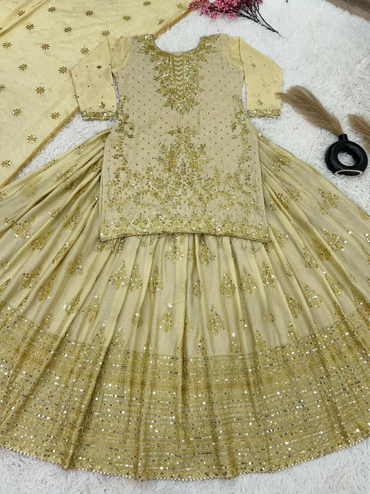 Pure Heavy Chinnon Silk With Heavy 5mm Embroidery Sequence Work&nbsp; With&nbsp; Sleeves Top And Bottom Set