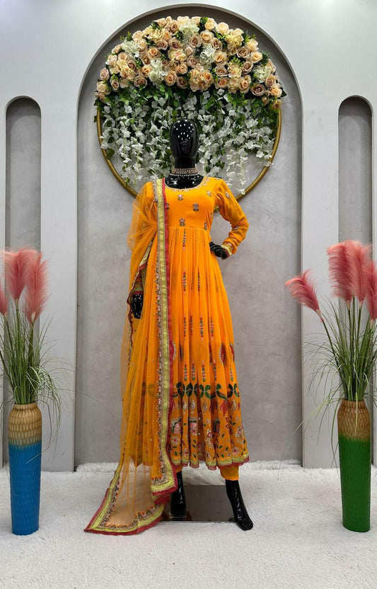 beautiful Designer Suit On Faux Georgette febric with inner and Thred with sequnce work Flared Kurti Set
