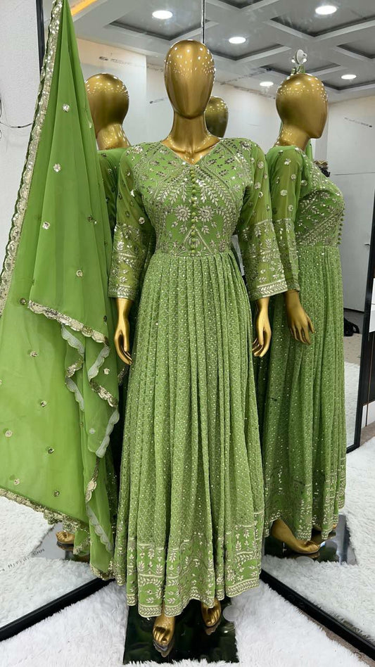 Faux Georgette With Heavy Embroidery Sequence Work Full Sleeve Gown