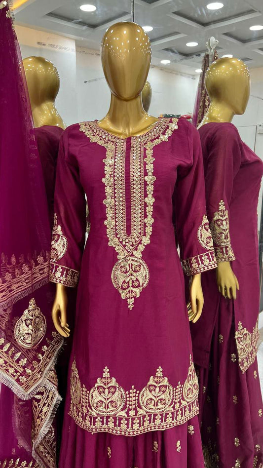 Pure Heavy Chinnon Silk With Heavy Embroidery Sequence Work with Diamond Hand Work and Full Sleeve Kurti Pair&nbsp;