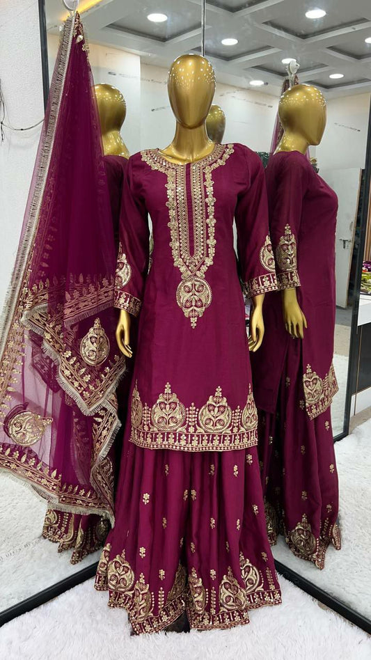 Pure Heavy Chinnon Silk With Heavy Embroidery Sequence Work with Diamond Hand Work and Full Sleeve Kurti Pair&nbsp;