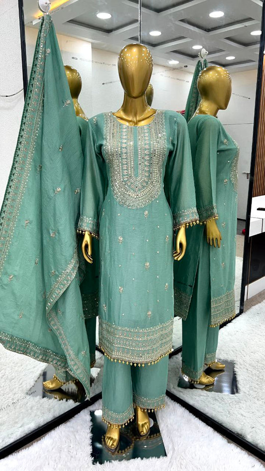 Pure Heavy Chinnon Silk With Heavy Embroidery Sequence Work With Full Sleeve With moti less Border Kurti Set