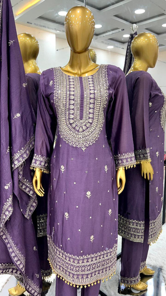 Pure Heavy Chinnon Silk With Heavy Embroidery Sequence Work With Full Sleeve With moti less Border Kurti Set