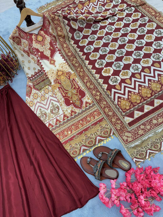 Heavy Chinon Silk With Digital Print With Riyal Mirror &amp; Diamond Hand Work With Sleeves With Fancy Coin Latkan Kurti Set