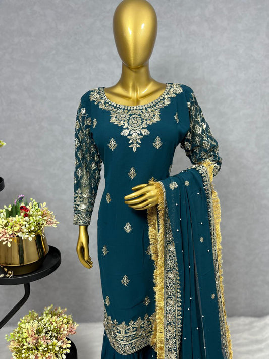 Heavy Beautiful Embroidery Sequqnce Aqua Blue Kurti Set For Women
