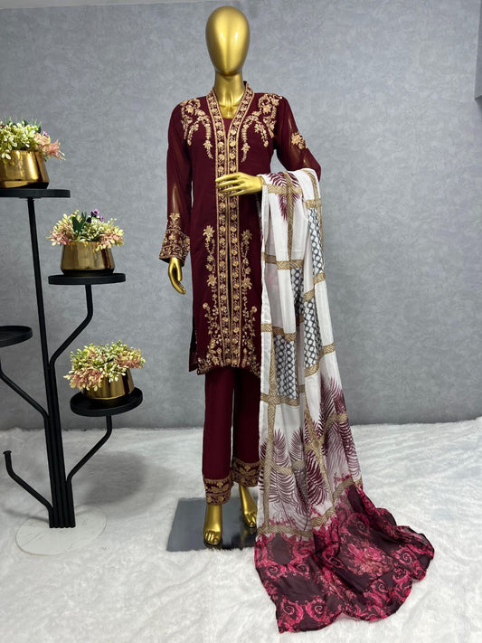Heavy Faux Georgette New Maroon Three Piece Kurti For Women