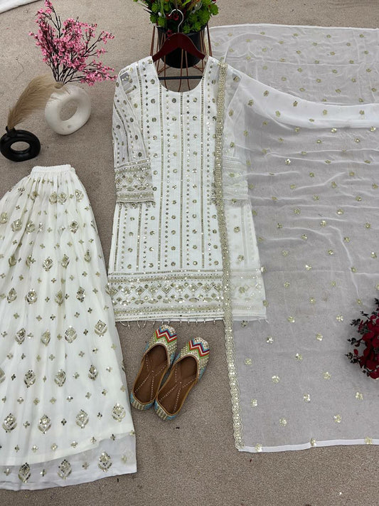 Heavy Faux Georgette With embroidery Sequence Work with Heavy Lace Work and Sleeve Kurti Pair