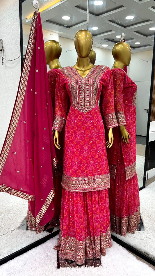 Heavy Georgette With Digital Print With Embroidery Sequence Work With Heavy With Full Sleeve Kurti Pair