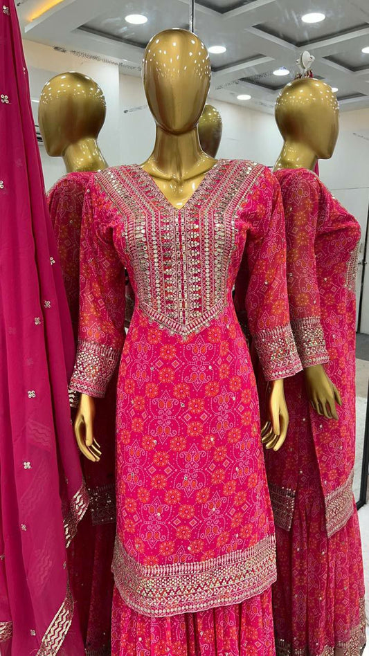 Heavy Georgette With Digital Print With Embroidery Sequence Work With Heavy With Full Sleeve Kurti Pair