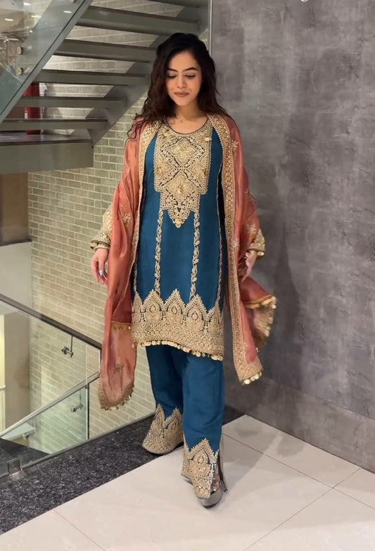 Heavy Chinon Silk With Heavy Embroidery 3 mm Sequence &amp; Coding Dori Work With Sleeves With Fancy Coin Latkan Border Kurti Set