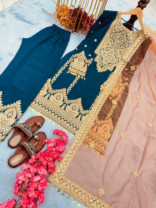 Heavy Chinon Silk With Heavy Embroidery 3 mm Sequence &amp; Coding Dori Work With Sleeves With Fancy Coin Latkan Border Kurti Set