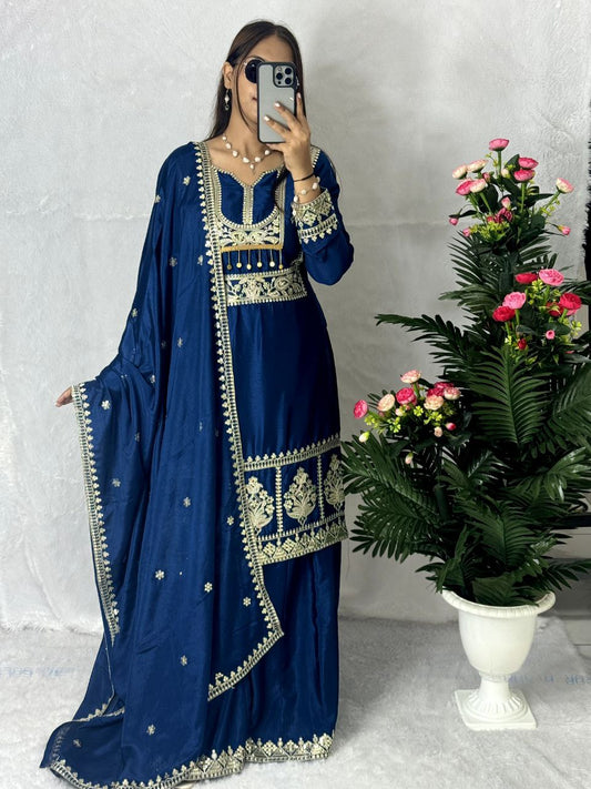 Launching New Beautiful Designe Collection Fancy Embroidery Sequins And Coding Dori Work Top - Plazzo With Dupatta