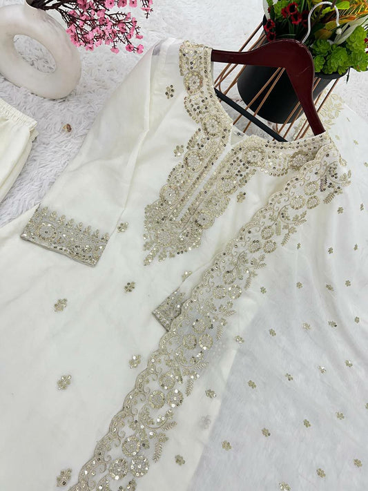 Pure Chinnon Silk With Full Sleeve White Kurti Set
