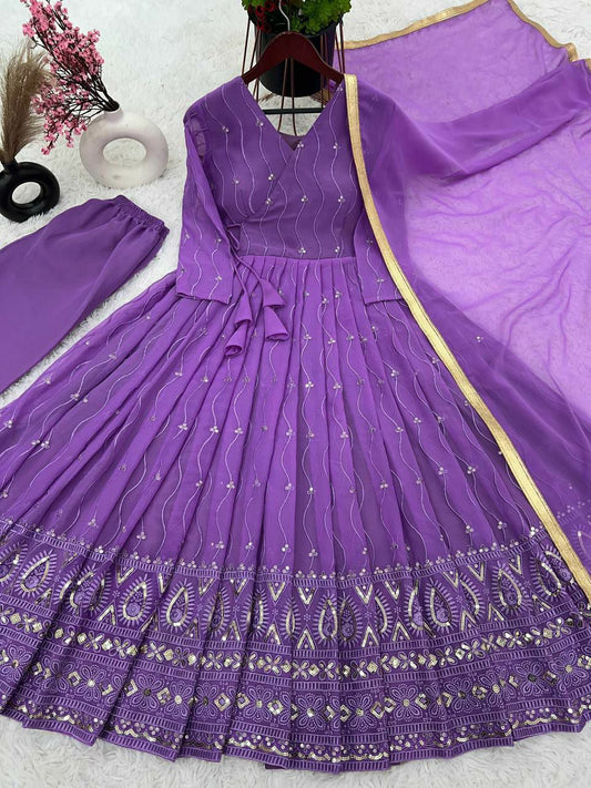 Faux Georgette With Full Heavy Embroidery Sequence Work&nbsp; With&nbsp; Full Sleeve and Attached Pad Gown