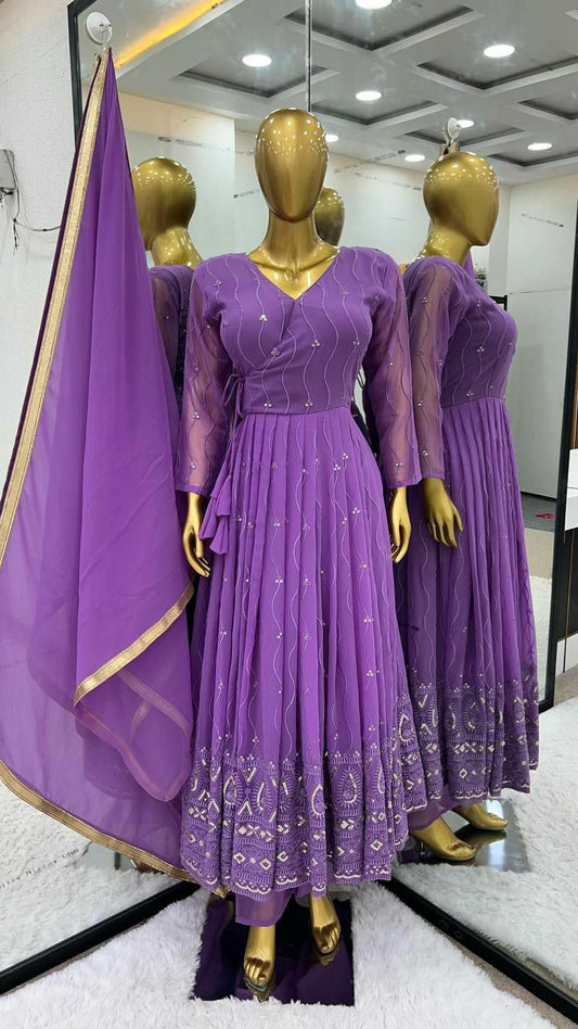Faux Georgette With Full Heavy Embroidery Sequence Work&nbsp; With&nbsp; Full Sleeve and Attached Pad Gown