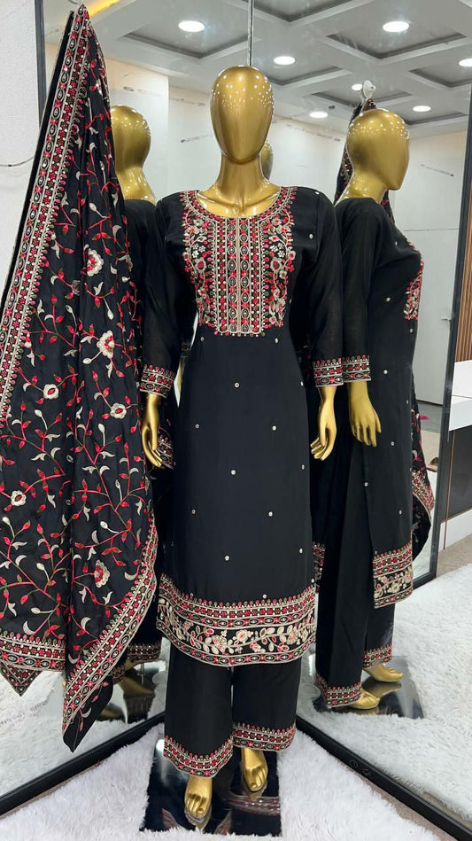 pure Chinnon Silk With Heavy Embroidery Coding Dori-Sequence Work And Full Sleeve Kurti Set
