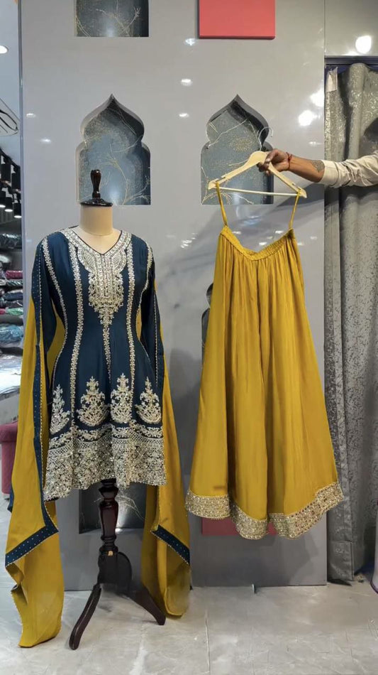 Designer Suit on Chinon Silk febric with Inner and Sequnce With Thred work and Sharara