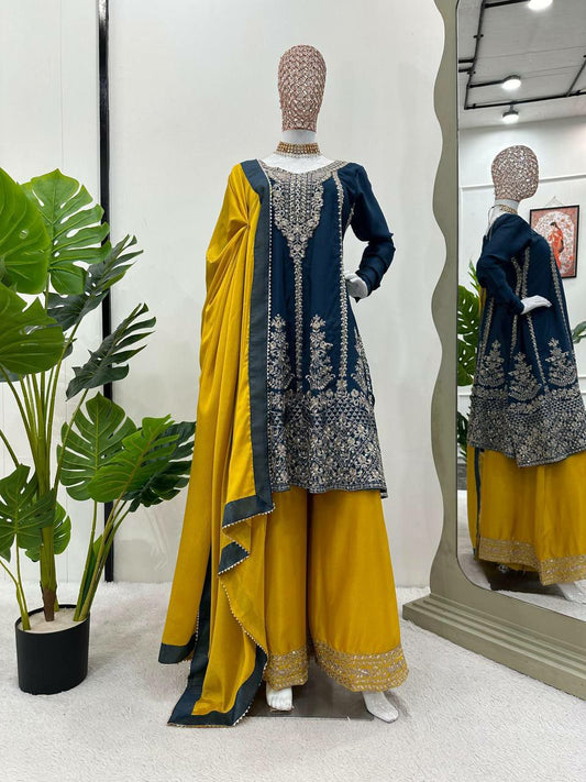 Designer Suit on Chinon Silk febric with Inner and Sequnce With Thred work and Sharara