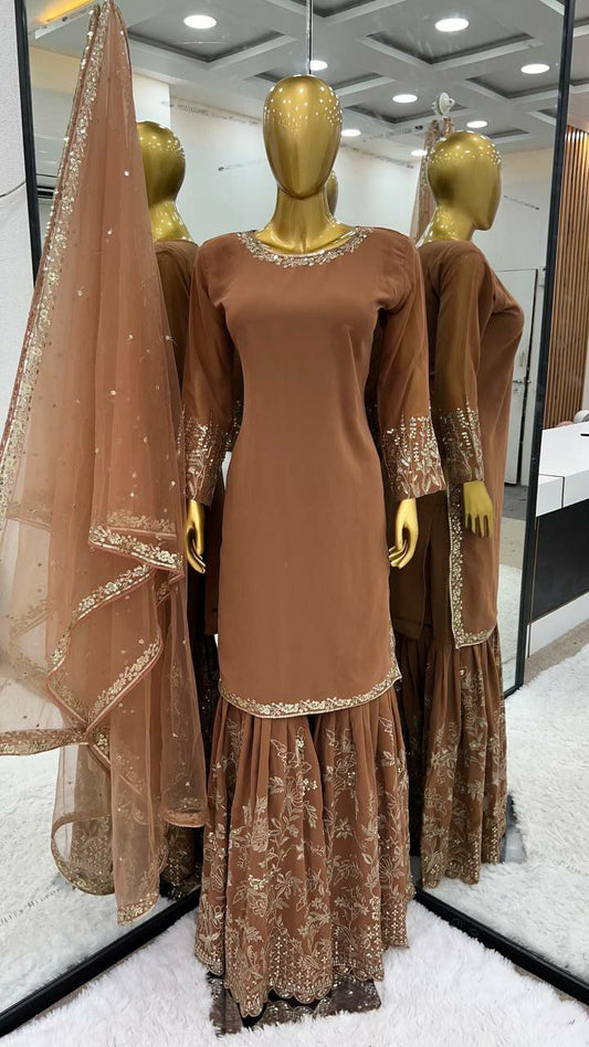 Heavy Faux Georgette With 5mm Embroidery Sequence Work With Full Sleeve Sharara Pair