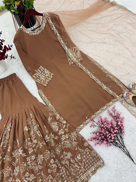 Heavy Faux Georgette With 5mm Embroidery Sequence Work With Full Sleeve Sharara Pair