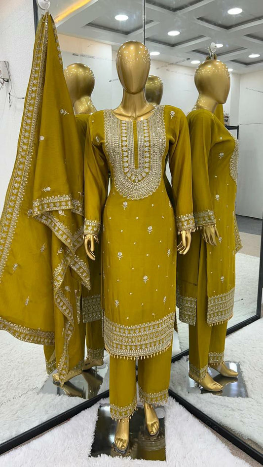 Pure Heavy Chinnon Silk With Heavy Embroidery Sequence Work With Full Sleeve With moti less Border Kurti Set