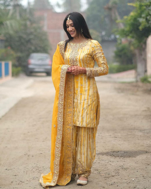 Pure Chinnon Silk With Digital Print and Heavy Embroidery Sequence Work With Real Mirror Work And Full Sleeve  Patiyala