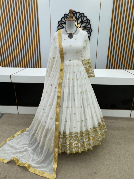 Faux Georgette With Full Heavy Embroidery Sequence Work with Sleeve and Latkan Dori and Attached Cup Gown
