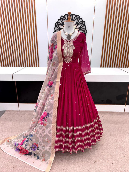 Faux Georgette With Full Heavy Embroidery Sequence Work with Sleeve and Attached Cup Gown
