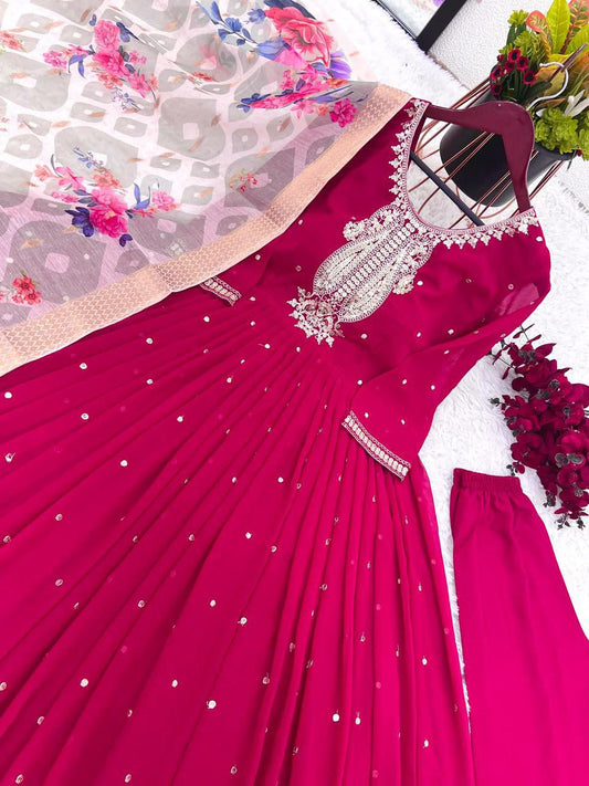 Faux Georgette With Full Heavy Embroidery Sequence Work with Sleeve and Attached Cup Gown