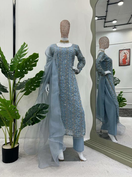 Looking for beautiful Designer Suit On Faux Georgette With Embroidery Work For Women