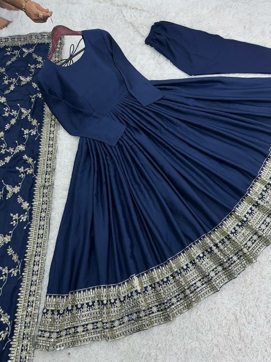 Heavy Chinon Silk With Full Heavy Embroidery Sequence Work with Sleeve Gown