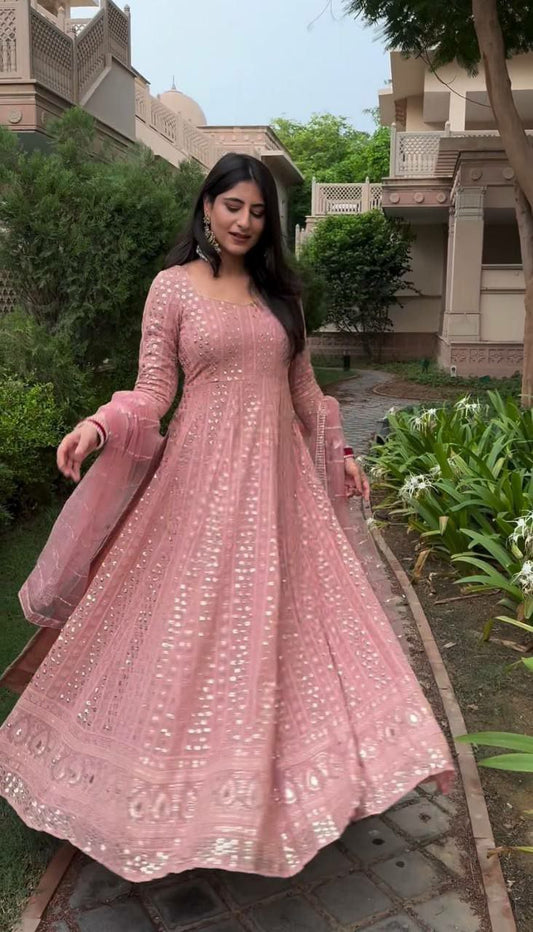 Heavy Faux Georgette With Full Heavy Embroidery Sequence Work Pink Gown For Women