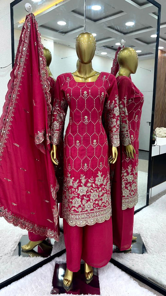 Pure Heavy Chinnon Silk With Heavy Embroidery Sequence Work with Real Mirror Hand Work With Full Sleeve Kurti Set&nbsp;