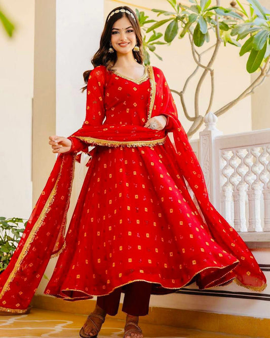 Heavy Faux Georgette WORK :-fancy digital print with lace border and stitched pad Gown In sylish Design