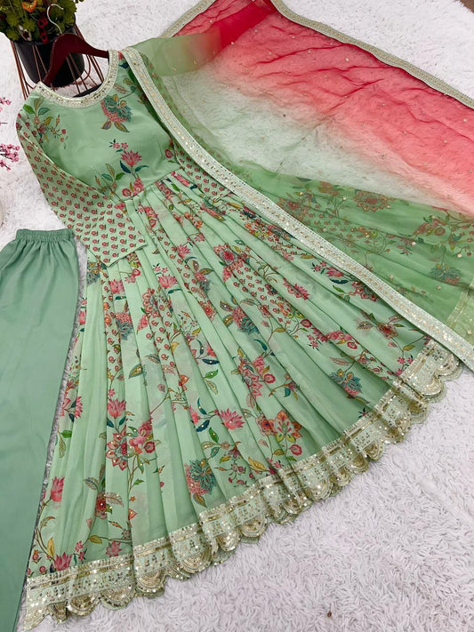 Heavy Faux Georgette With Heavy Embroidery Round Kurti With Sequence Work With Diamond Hand Work Full Sleeve