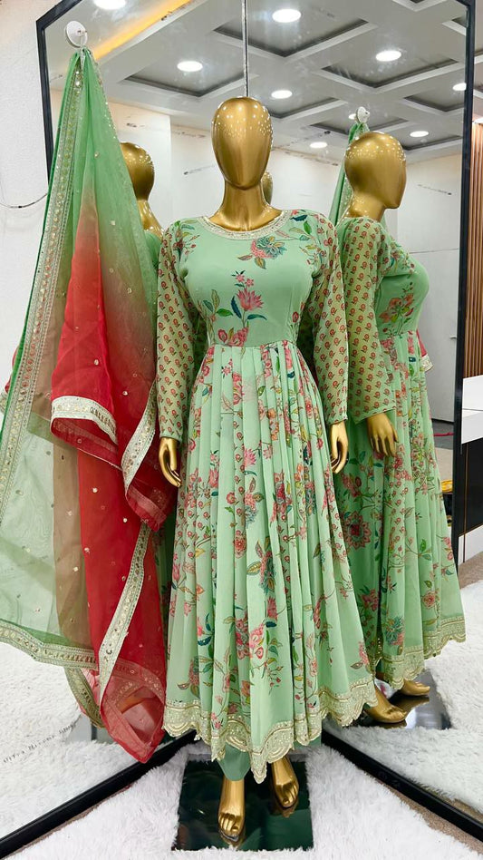 Heavy Faux Georgette With Heavy Embroidery Round Kurti With Sequence Work With Diamond Hand Work Full Sleeve