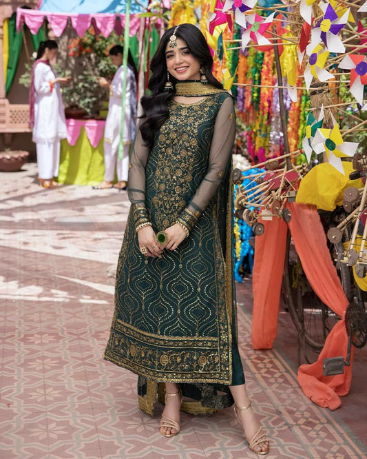 Hevay Faux Georgette Fabric With Heavy Embroidery 5mm Sequence Work (Fully Sleeve’s) Kurti And Pant Set