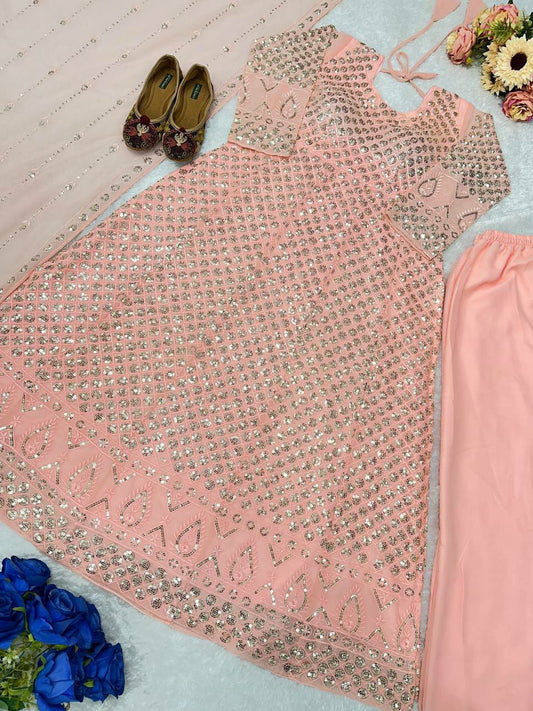 HEAVY FOUX GOARGATE WITH EMBROIDERY WORK AND FULL SLEEVES KURTI SET