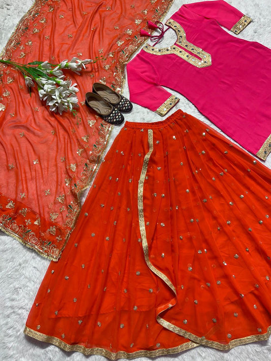 Faux Georgette With Heavy Embroidery 5mm Sequence Work Hand Mirror Work.(Fully Sleeve’s) Kurti And Dhoti Set