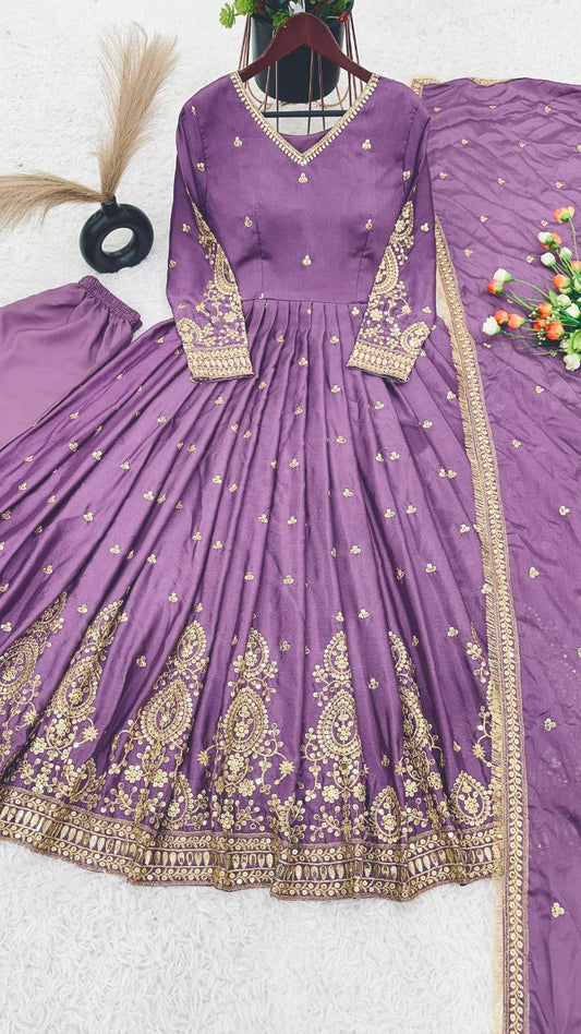 Pure Heavy Chinnon Silk With Full Heavy Embroidery Sequence Work Full Sleeve For Women Gown