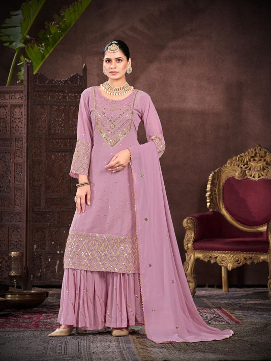 Heavy Faux Georgette With Heavy Embroidery Kurta And Plazzo Set With Dupatta For Women