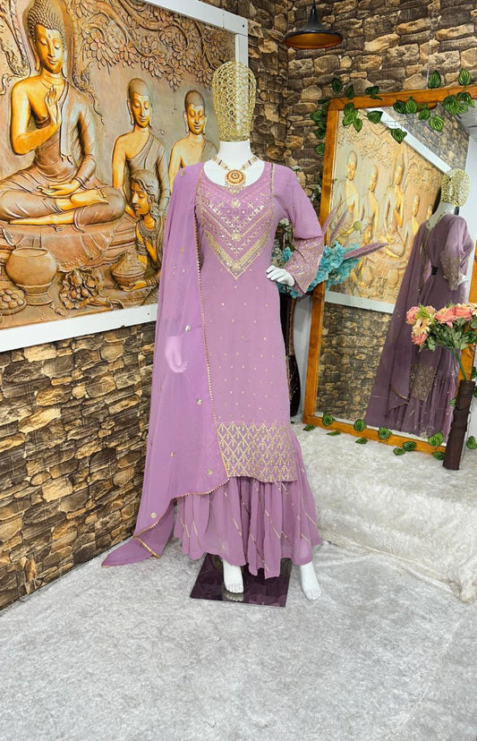 Heavy Faux Georgette With Heavy Embroidery Kurta And Plazzo Set With Dupatta For Women