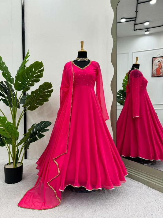 Looking for this same colour beautiful Designer Suit On Faux Georgette febric with inner and Fancy Lace with Ston work and and Dupatta