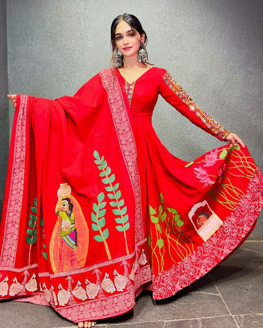 Digital print with chinestich with Real mirror work Gown