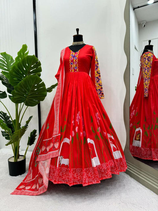 Digital print with chinestich with Real mirror work Gown